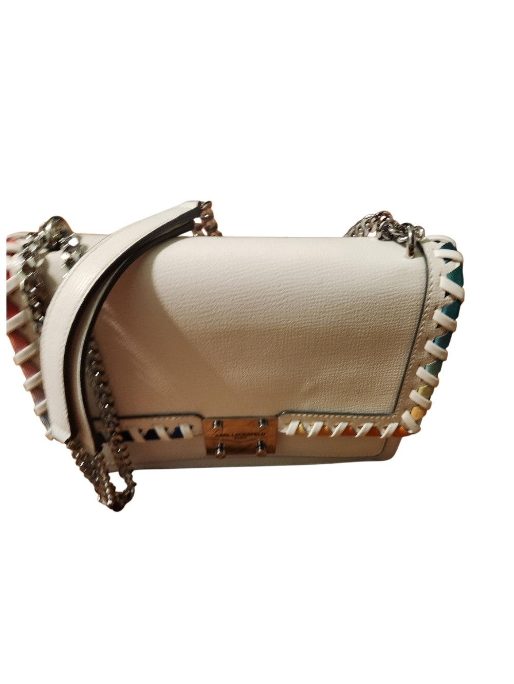 ❌️SOLD ❌️NWT Karl Lagerfeld White Leather Crossbody Chain Bag Multicolor Trim - Picture 8 of 8